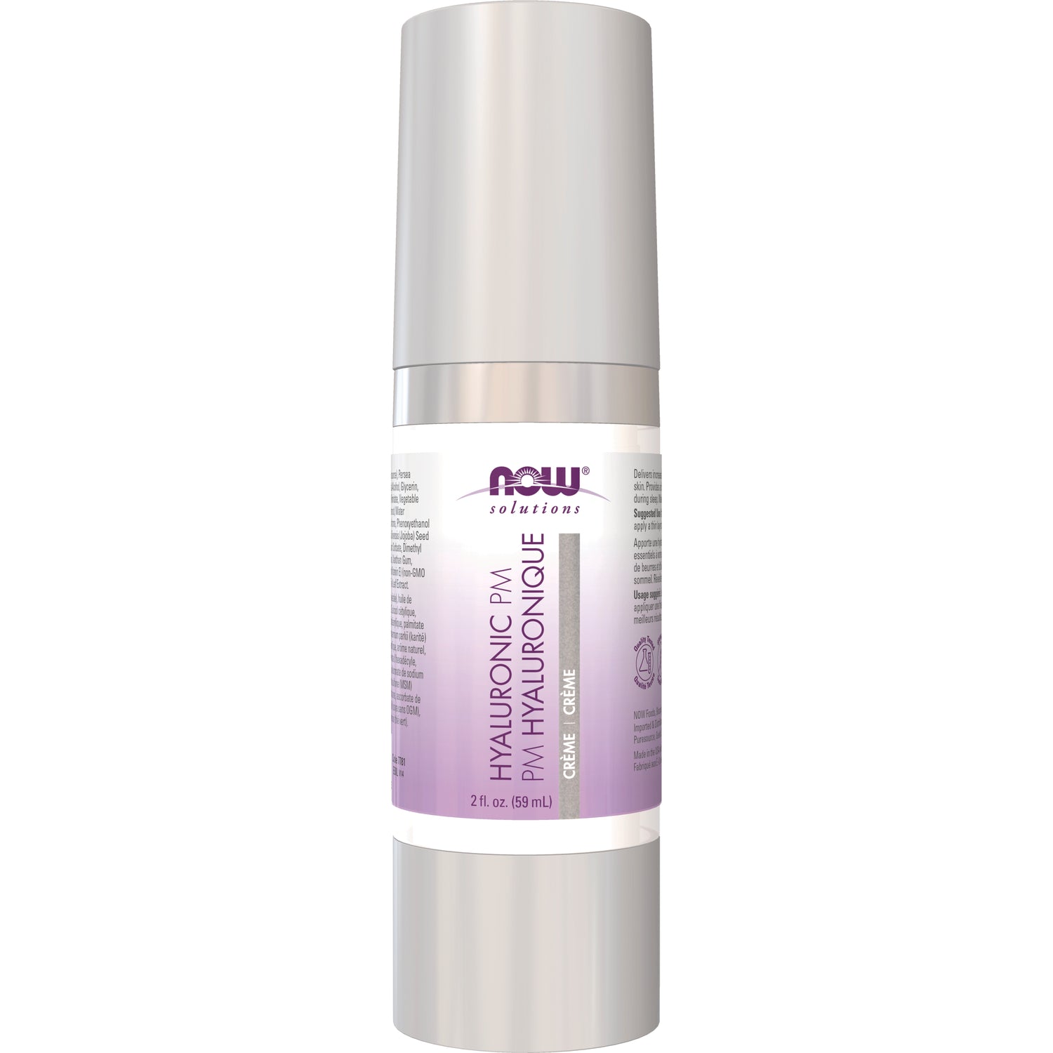 NWF484 | Silver pump bottle with purple NOW Solutions Hyaluronic PM cream label 2 fl oz