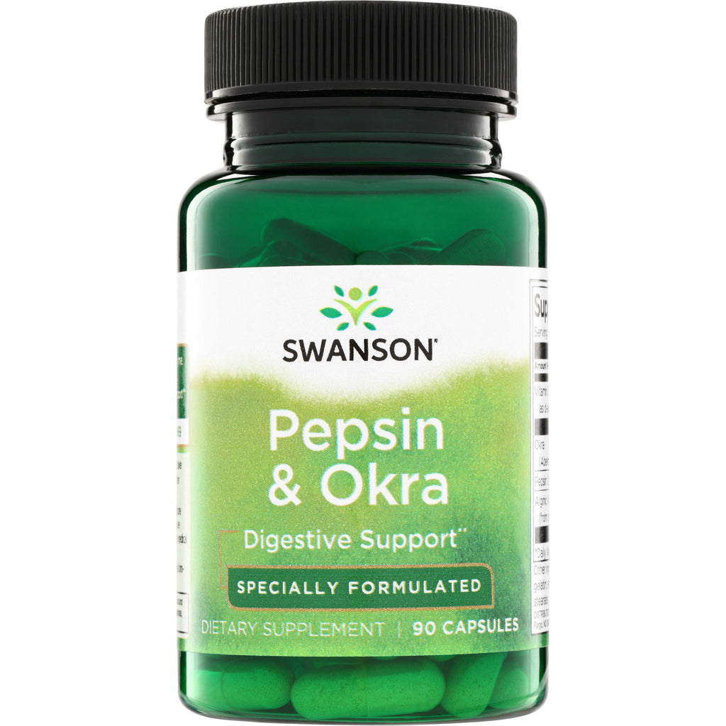 SW1396 | Swanson Pepsin & Okra Digestive Support, Specially Formulated, 90 capsules, front of bottle - Thumbnail