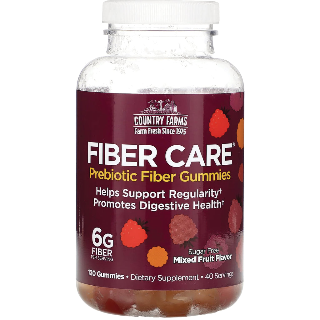 CFR029 | Bottle of Country Farms FIBER CARE prebiotic fiber gummies, mixed fruit flavor, 120 gummies, sugar free - Thumbnail