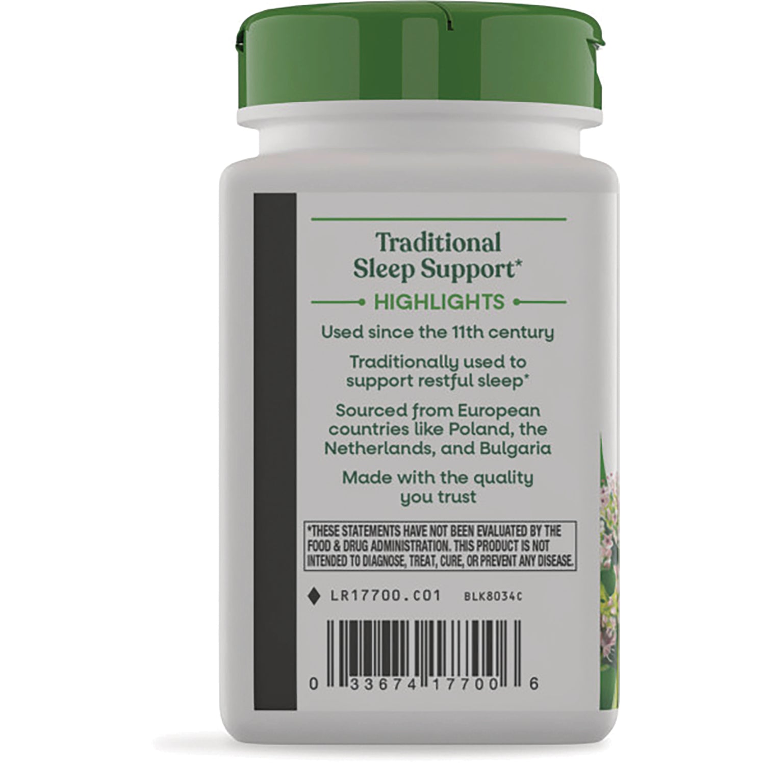 NW172 | back label of supplement bottle reading Traditional Sleep Support highlights, product claims and barcode