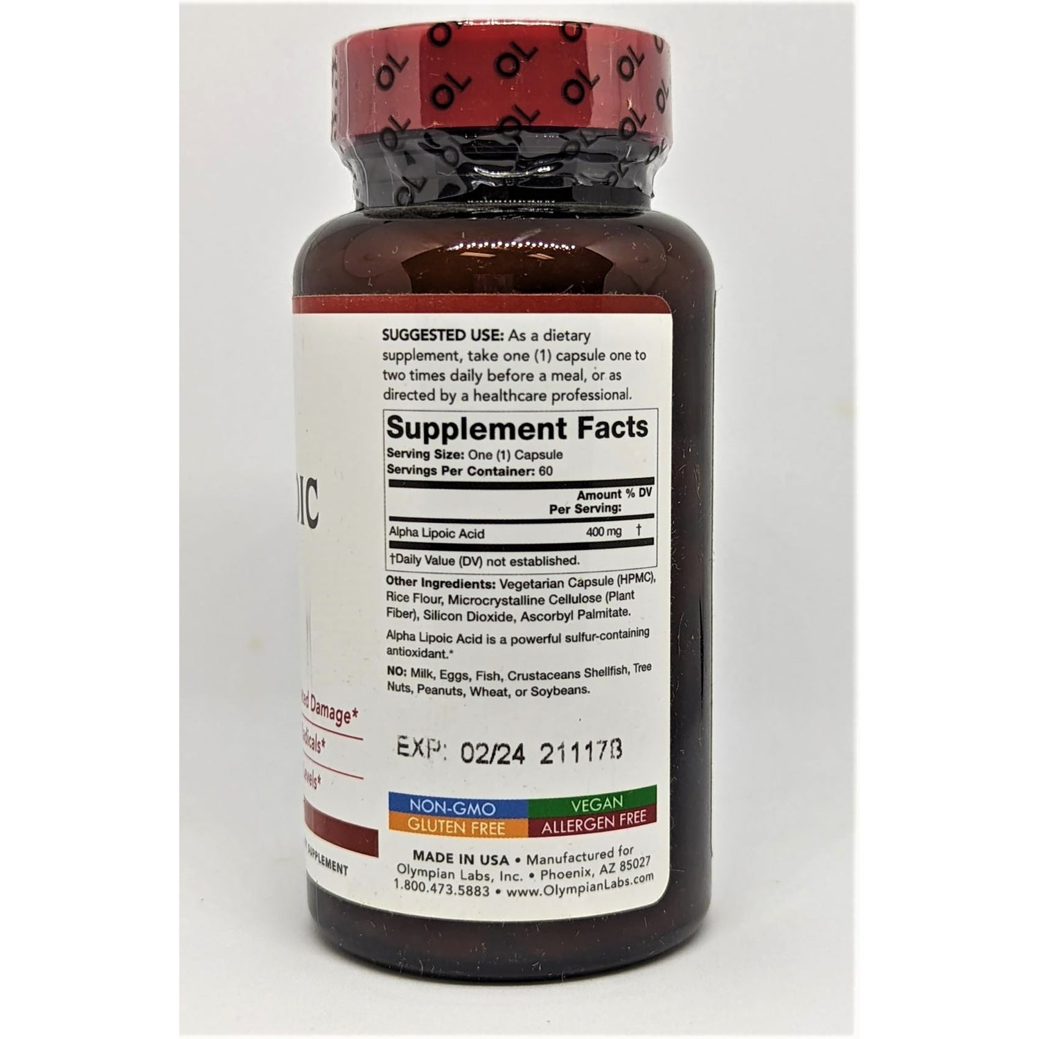 OL010 | back label of brown supplement bottle showing Supplement Facts, ingredients, and EXP 02/24
