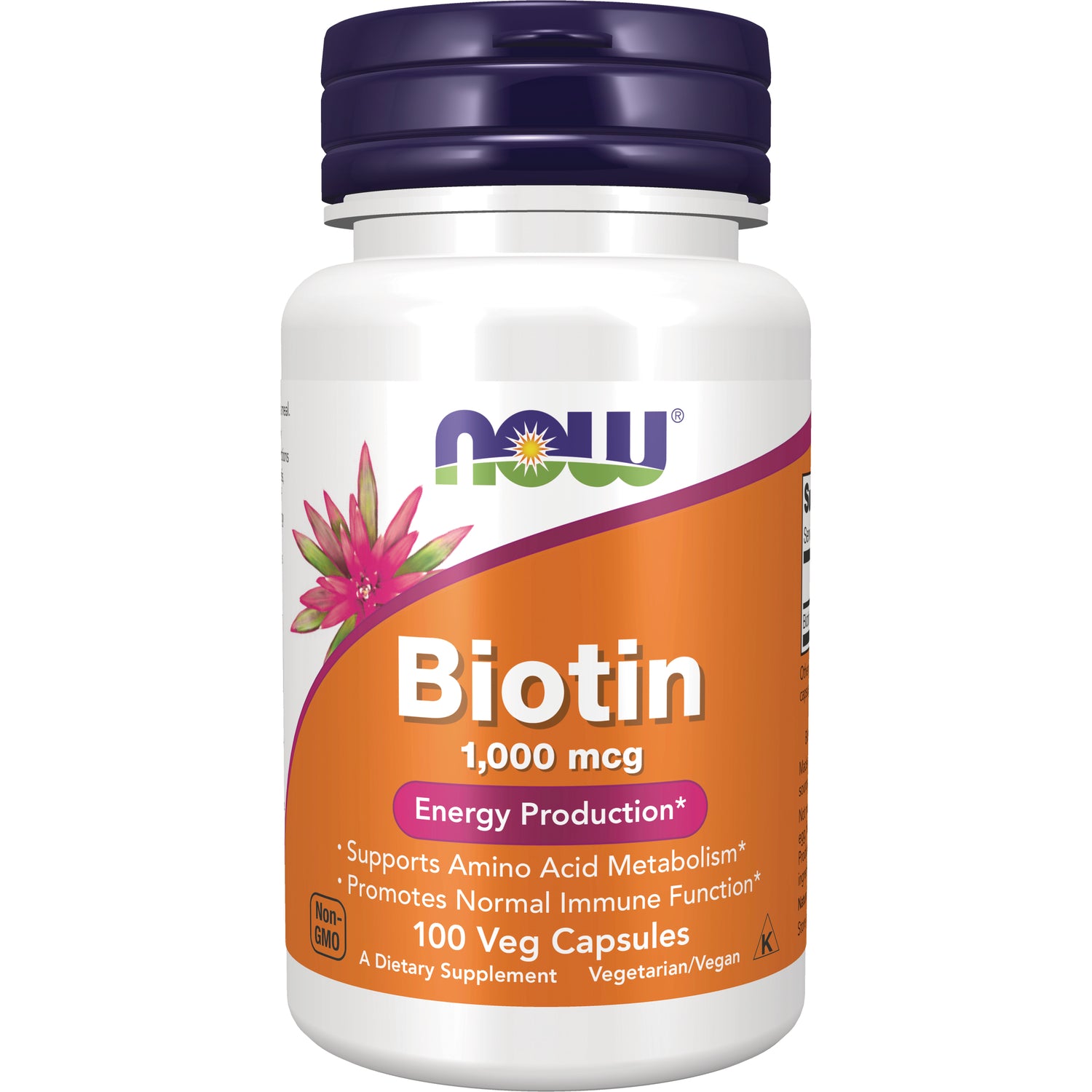 NWF027 | NOW Biotin 1,000 mcg supplement bottle, 100 veg capsules, orange label