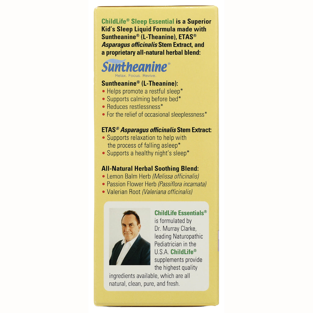 CHL023 | Back panel of ChildLife Sleep Essential listing Suntheanine and ETAS benefits, herbal soothing blend, and small formulator photo - Thumbnail