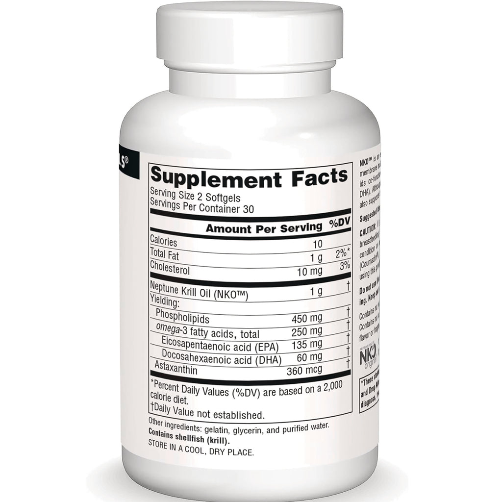 SN127 | back of white supplement bottle showing Supplement Facts label with serving size, krill oil amounts and ingredients - Thumbnail