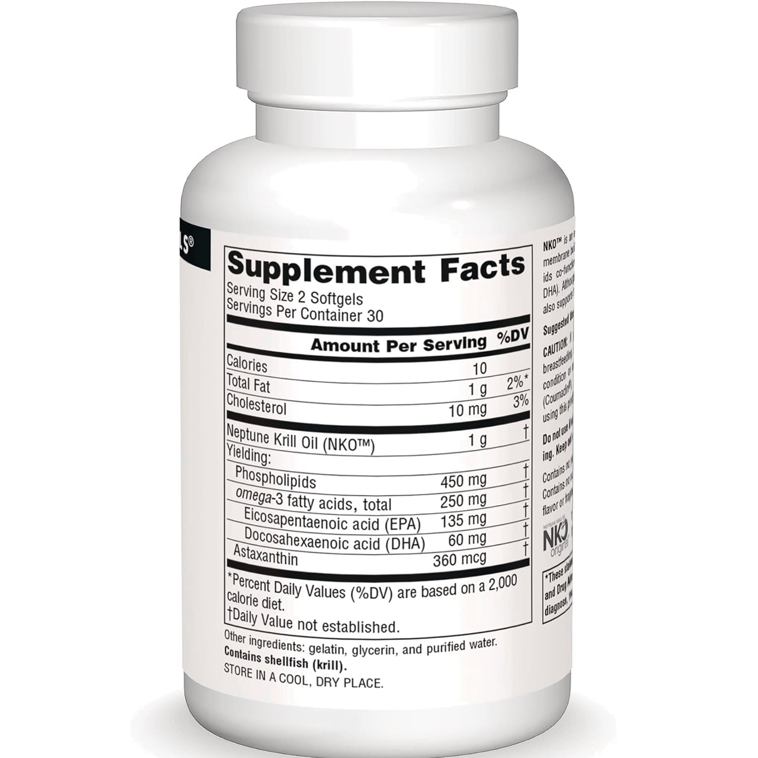 SN127 | back of white supplement bottle showing Supplement Facts label with serving size, krill oil amounts and ingredients
