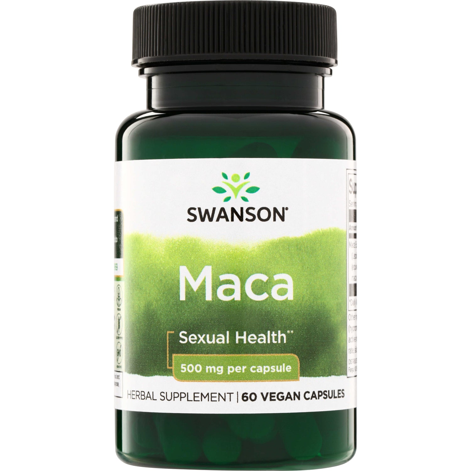 SWP011 | Swanson Maca supplement bottle, 500 mg per capsule, 60 vegan capsules