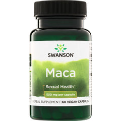 SWP011 | Swanson Maca supplement bottle, 500 mg per capsule, 60 vegan capsules