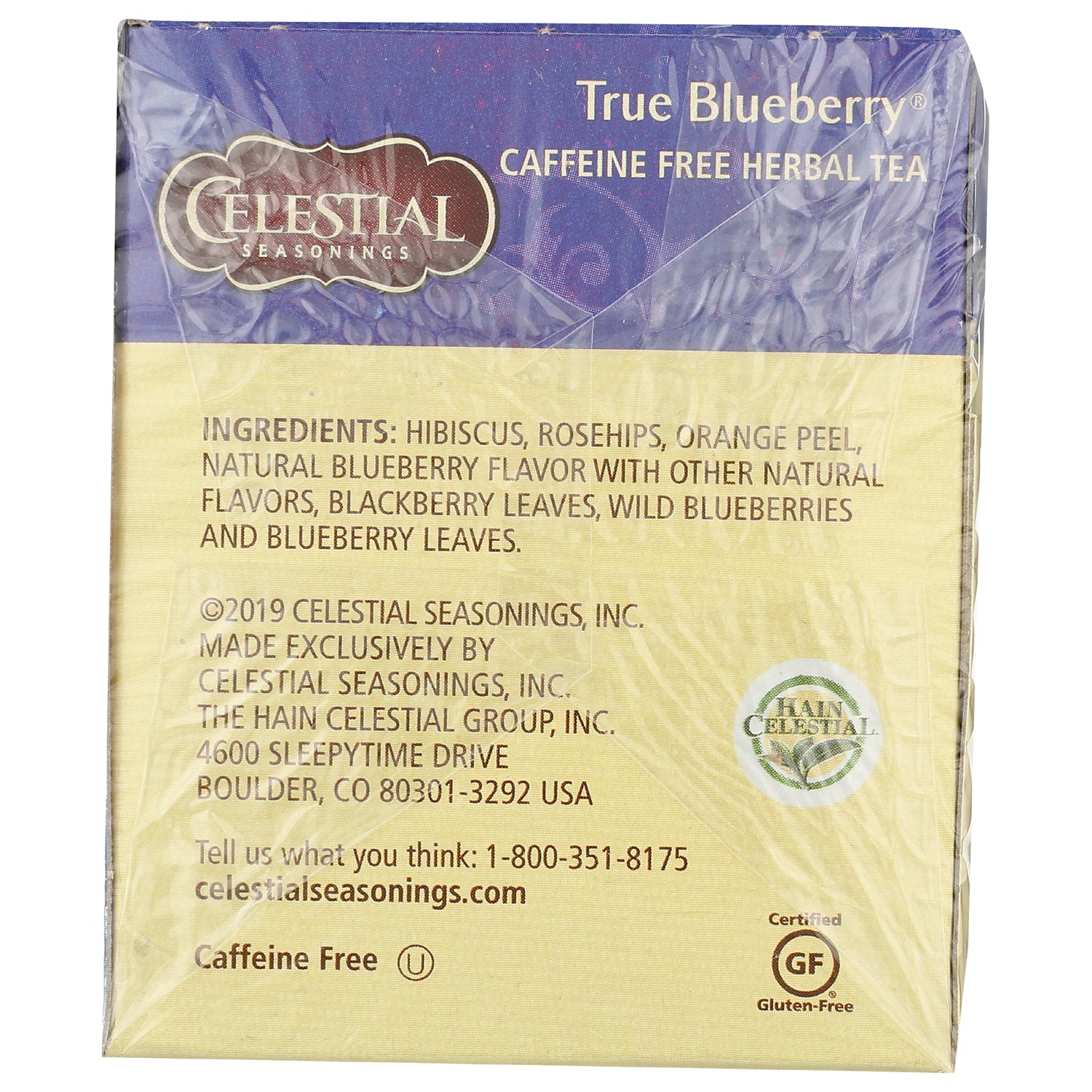 CEL003 | Back of Celestial True Blueberry tea box showing ingredients list, company address, contact phone and gluten-free label