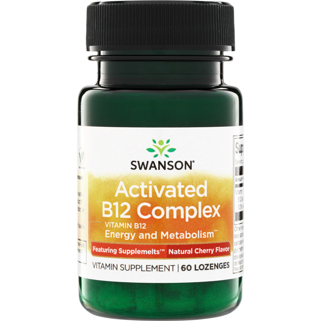 SWU907 | Swanson Activated B12 Complex vitamin supplement bottle, natural cherry flavor, 60 lozenges - Thumbnail