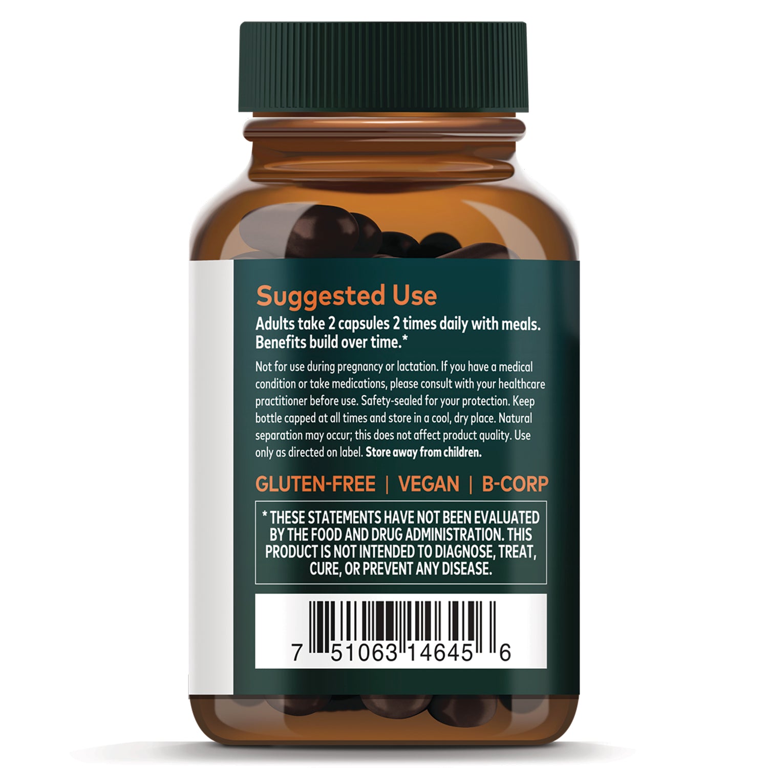 GH153 | Back label of amber supplement bottle showing suggested use text, gluten-free vegan B-Corp claim and barcode