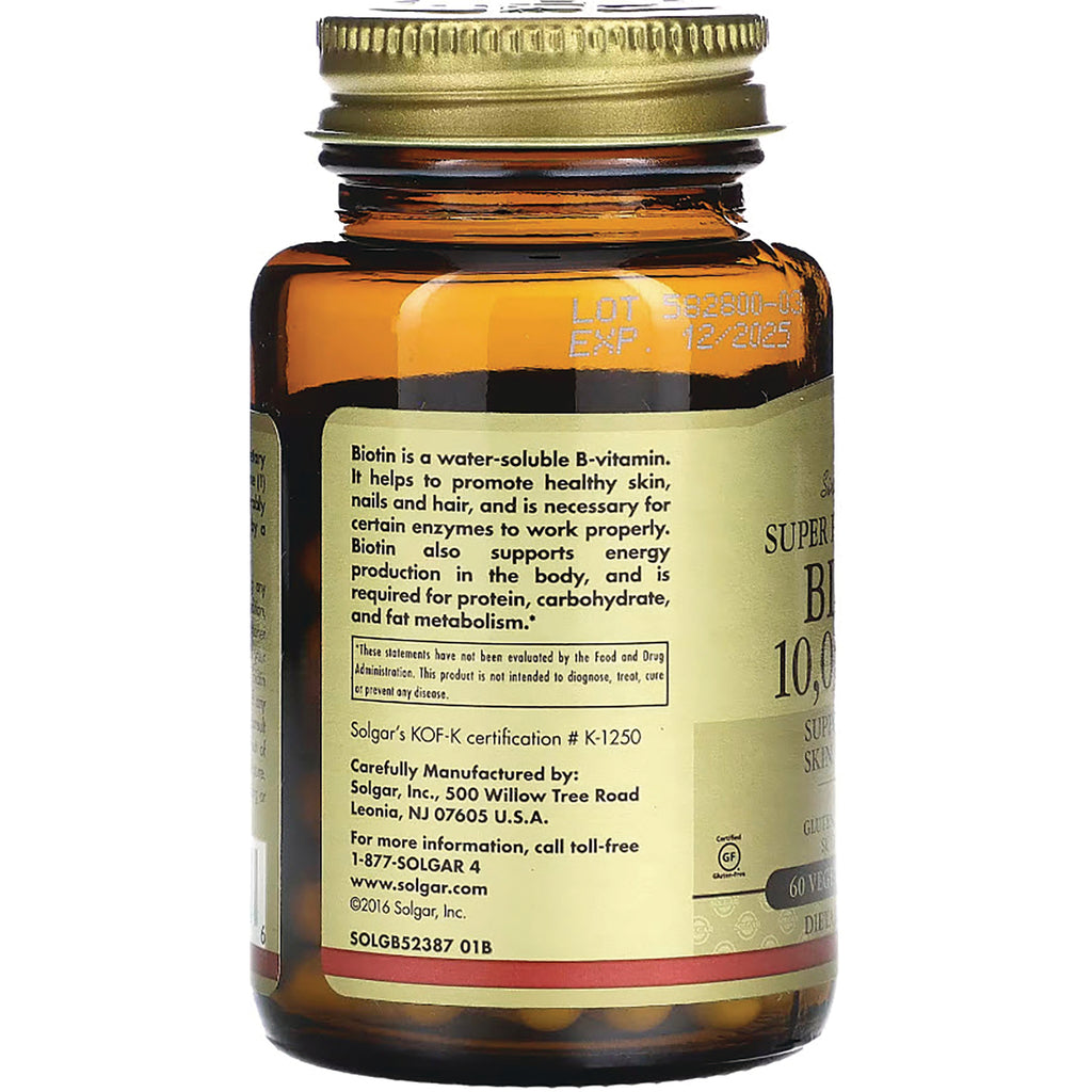 SLG341 | back label of amber supplement bottle showing biotin description, manufacturer address, lot and EXP 12/2025 - Thumbnail