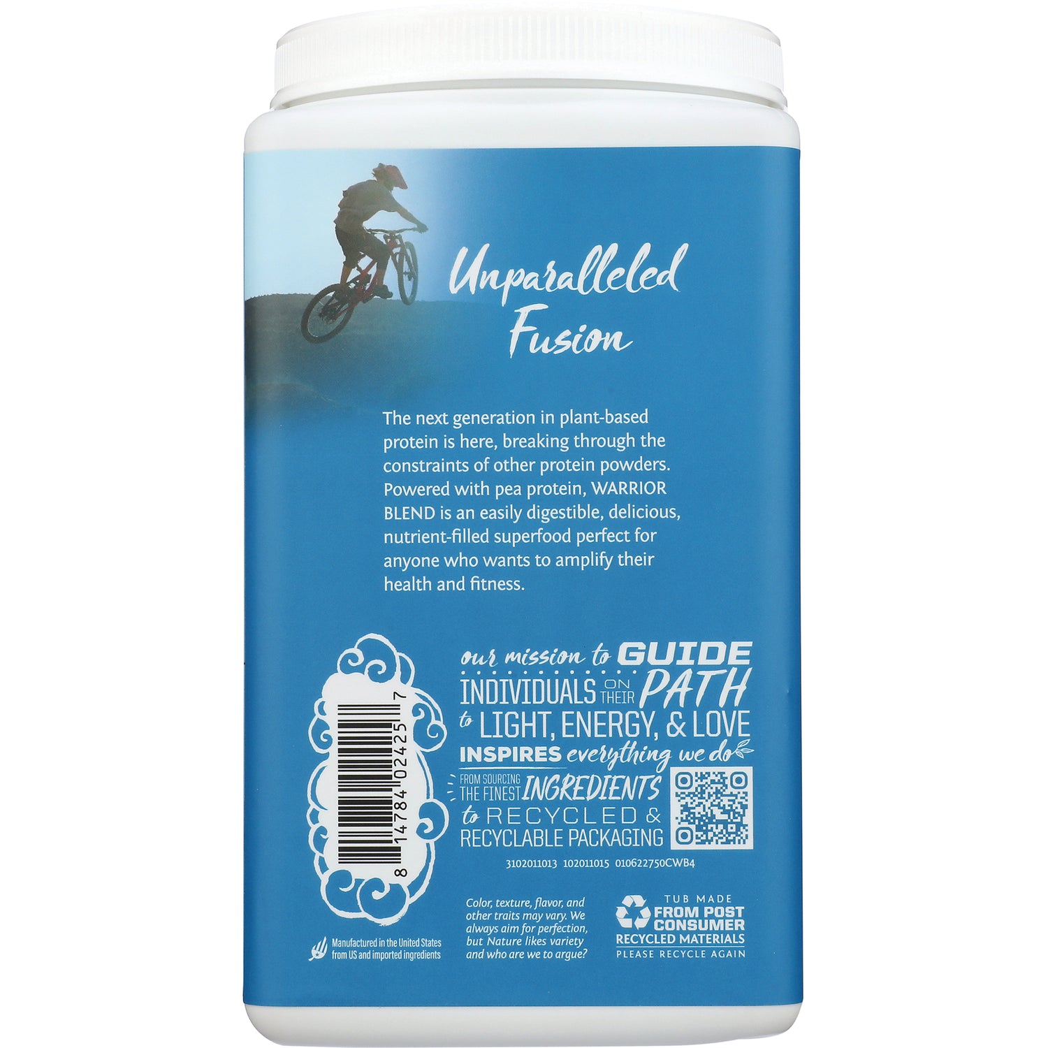 SNW022 | Back label with Unparalleled Fusion product description, barcode, QR code, and recycled packaging info