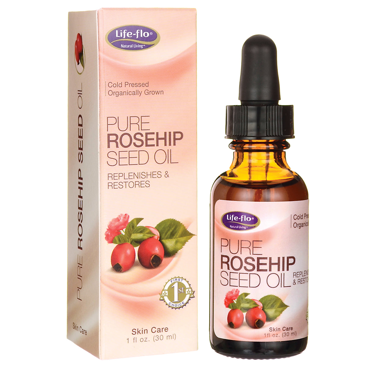 LFH076 | bottle and box of Life-flo Pure Rosehip Seed Oil 1 fl oz with dropper