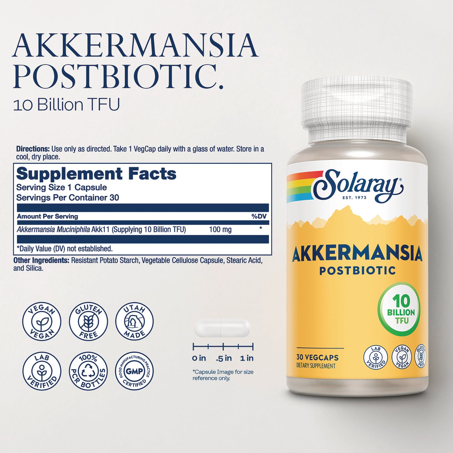 SLR541 | Supplement Facts panel for Solaray Akkermansia Postbiotic, 10 Billion TFU, 30 VegCaps