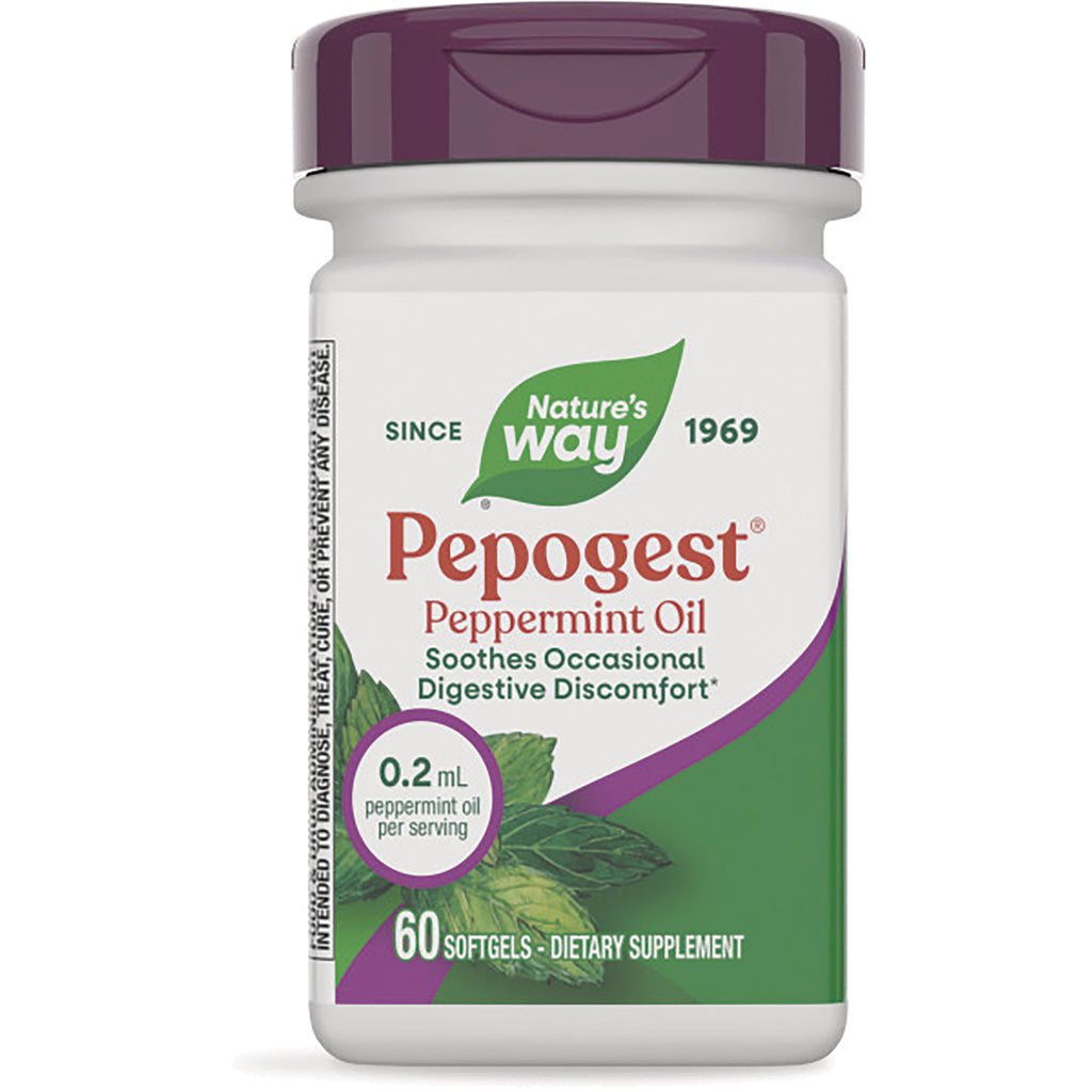 NW564 | Nature's Way Pepogest Peppermint Oil supplement bottle front label, 60 softgels, 0.2 mL per serving - Thumbnail