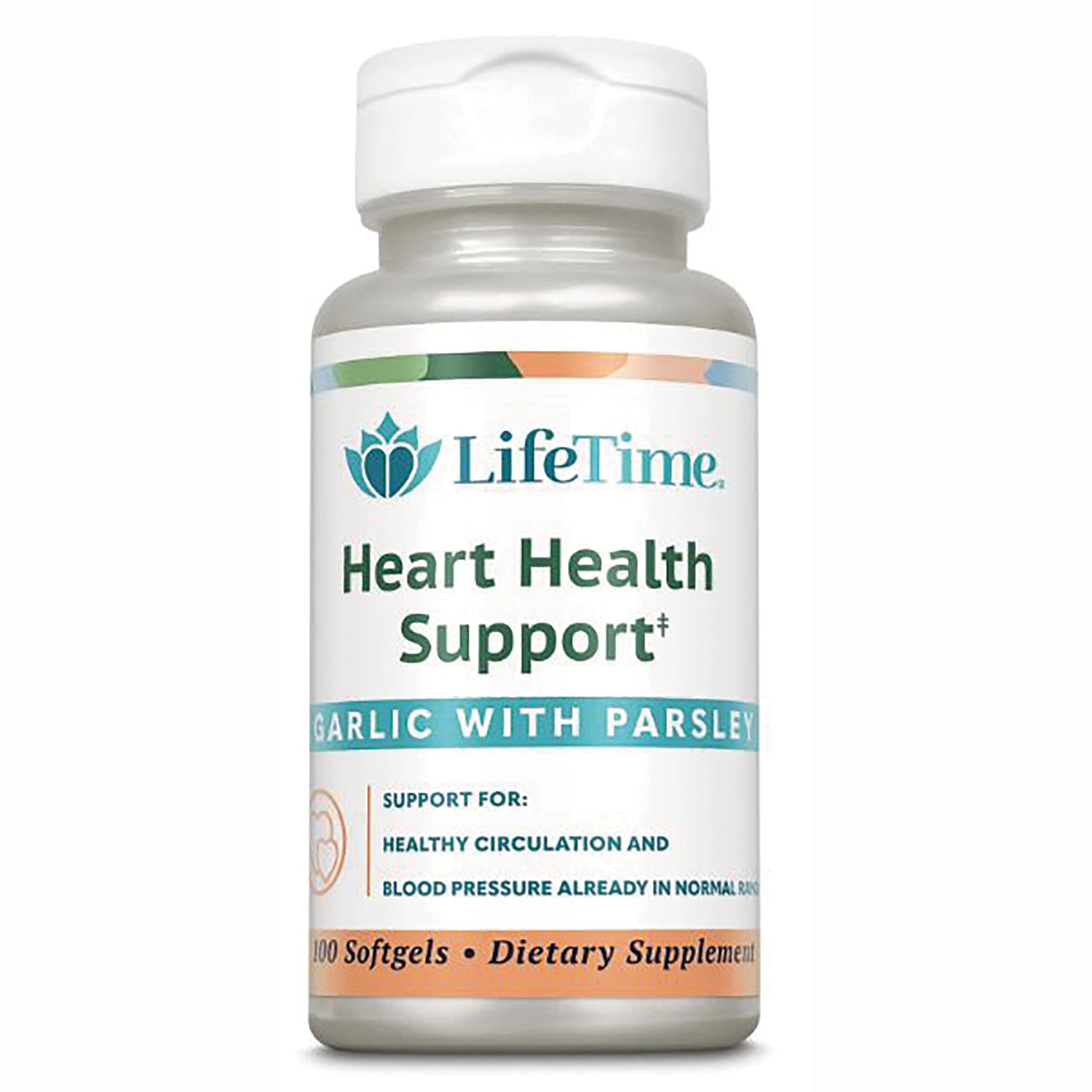 LFT042 | LifeTime Heart Health Support supplement bottle labeled Garlic with Parsley, 100 softgels