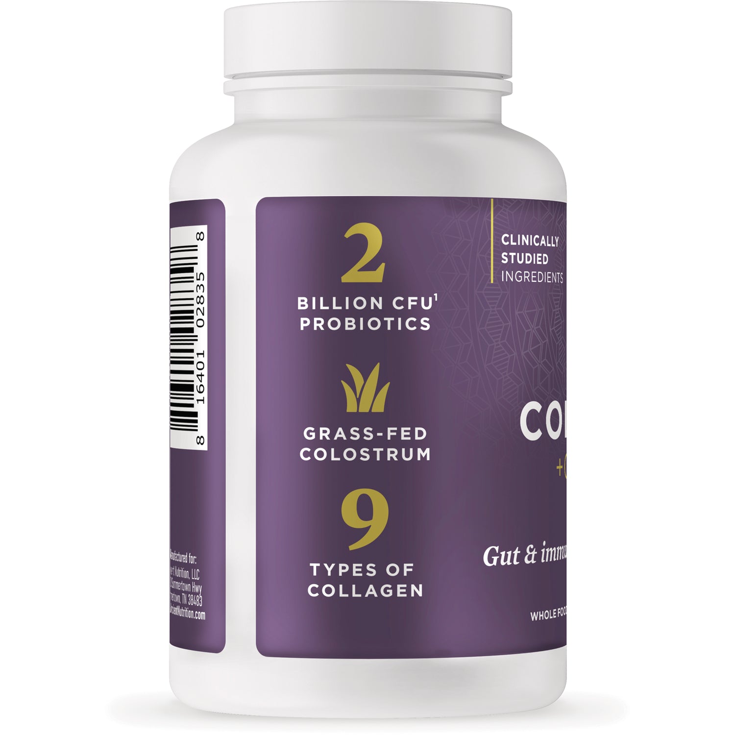 ATN147 | Back label showing 2 billion CFU probiotics, grass-fed colostrum and 9 types of collagen