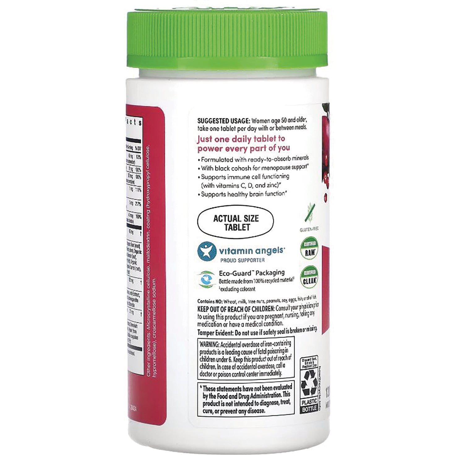 RBL163 | Back label of supplement bottle with suggested usage, actual size tablet oval and certification icons