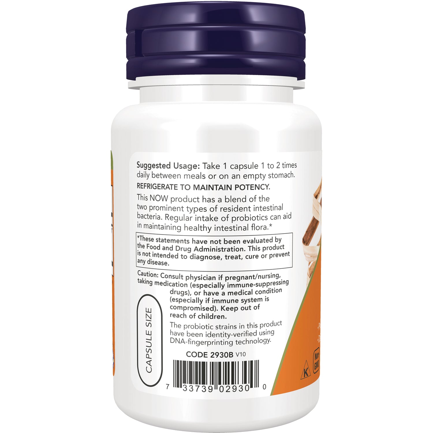 NWF015 | back label of probiotic bottle showing suggested usage directions, cautions, and barcode