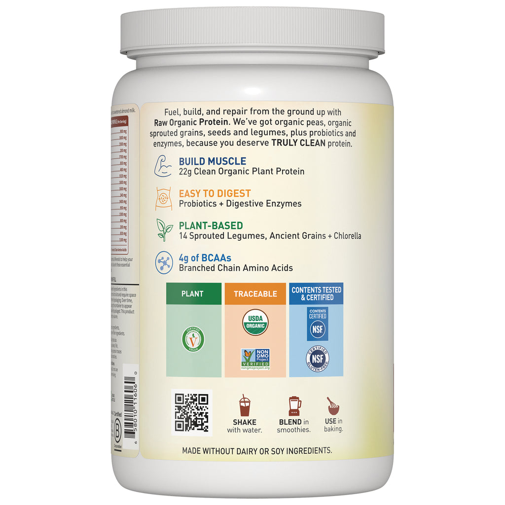 GLF176 | Back label of plant protein powder listing Build Muscle 22g protein, easy to digest, plant-based, 4g BCAAs, USDA Organic and NSF badges - Thumbnail