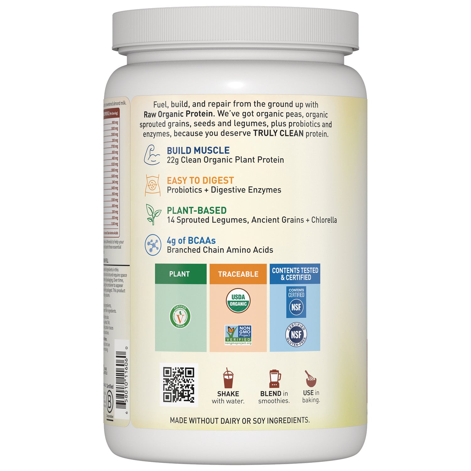 GLF176 | Back label of plant protein powder listing Build Muscle 22g protein, easy to digest, plant-based, 4g BCAAs, USDA Organic and NSF badges