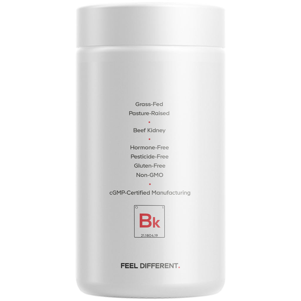 CDG055 | Back label of white supplement bottle listing Grass-Fed, Pasture-Raised, Beef Kidney, Hormone-Free, Gluten-Free, Non-GMO, cGMP Certified - Thumbnail