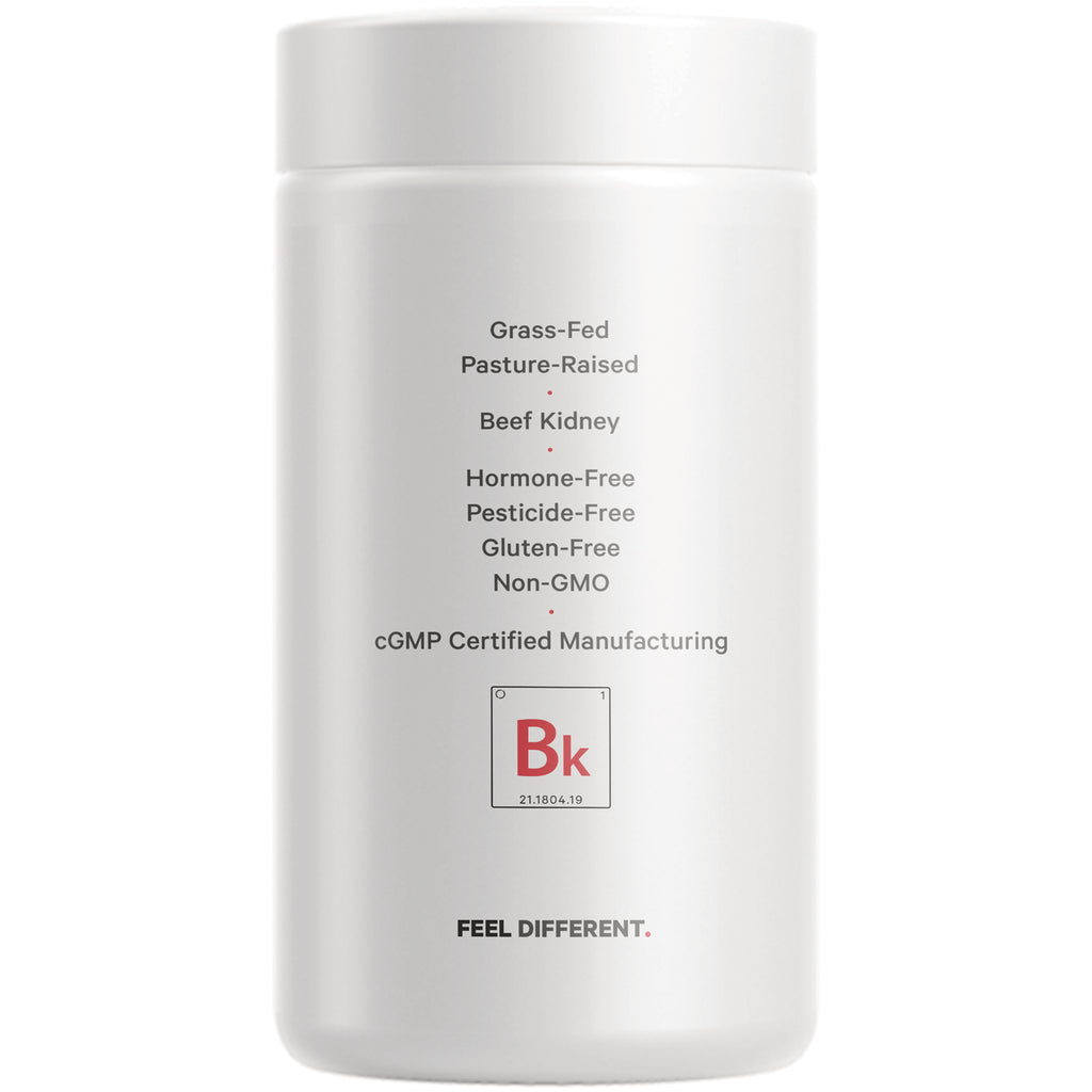 CDG055 | Back label of white supplement bottle listing Grass-Fed, Pasture-Raised, Beef Kidney, Hormone-Free, Gluten-Free, Non-GMO, cGMP Certified - Thumbnail