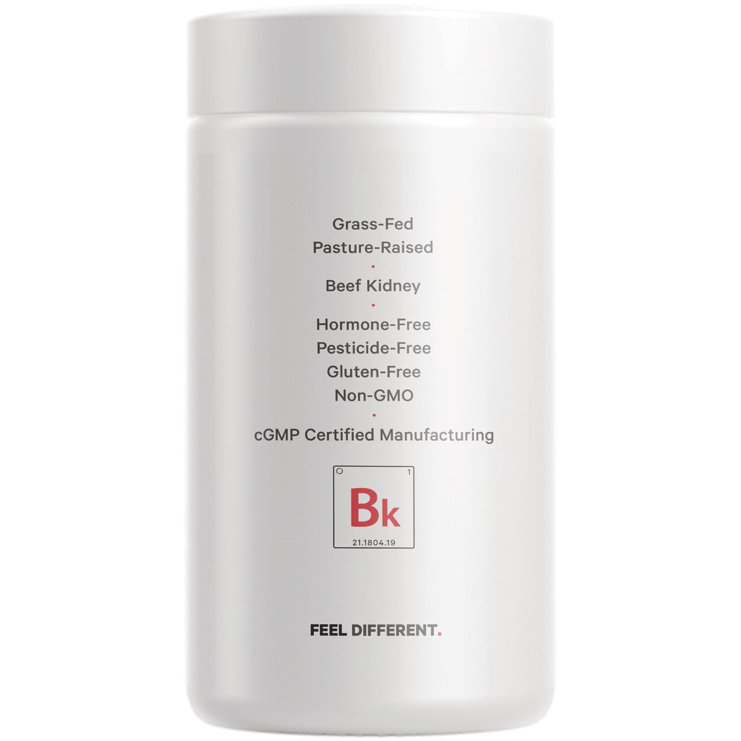 CDG055 | Back label of white supplement bottle listing Grass-Fed, Pasture-Raised, Beef Kidney, Hormone-Free, Gluten-Free, Non-GMO, cGMP Certified