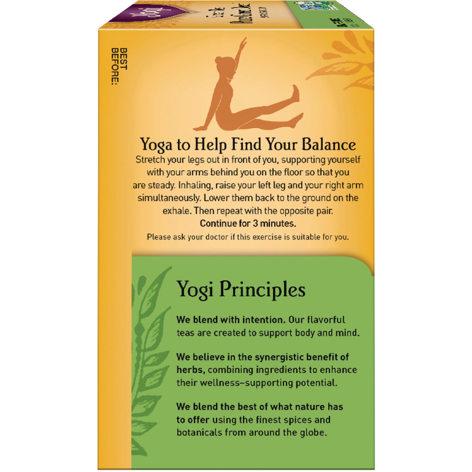 AHW017 | Back of tea box showing 'Yoga to Help Find Your Balance' exercise instructions and 'Yogi Principles' panel