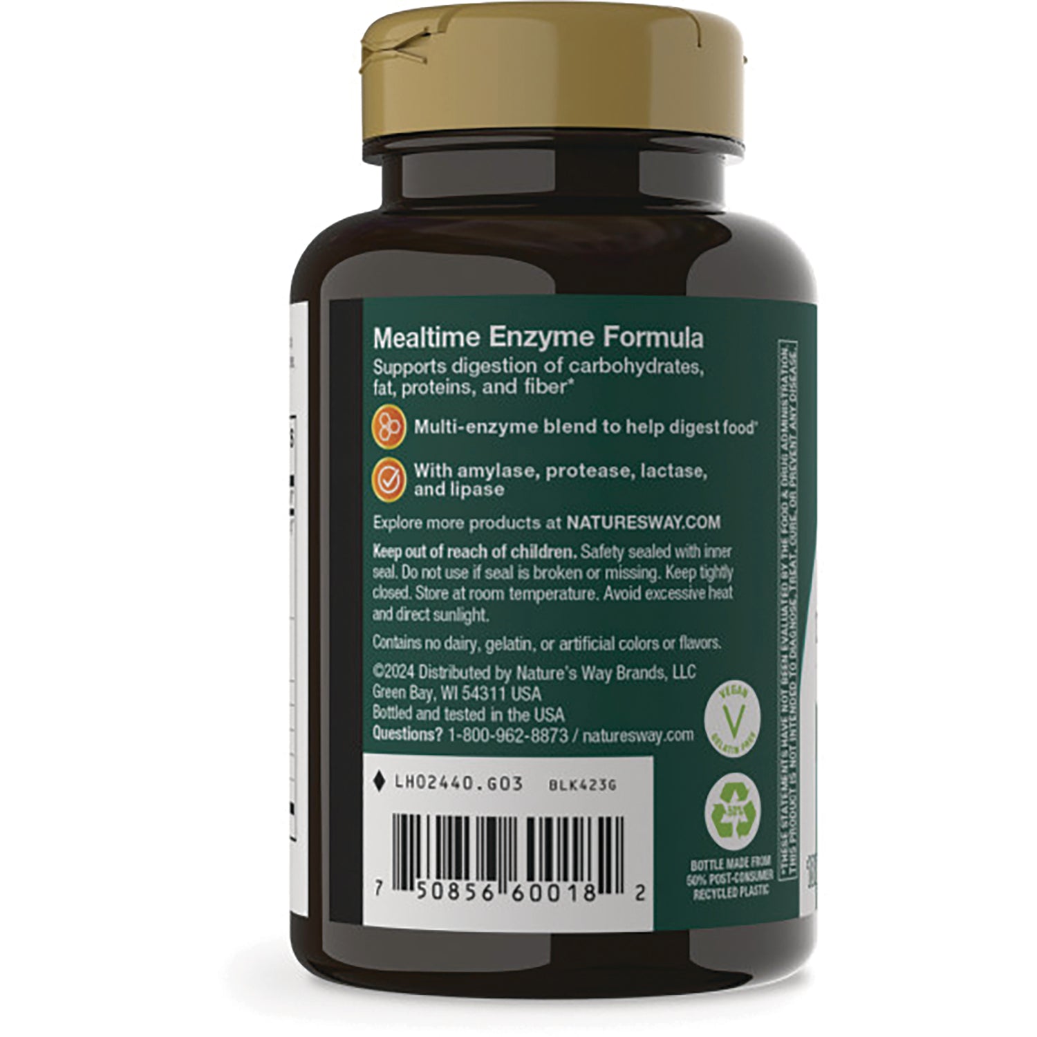 ET307 | Back of brown supplement bottle showing Mealtime Enzyme Formula label, ingredient and safety text and barcode
