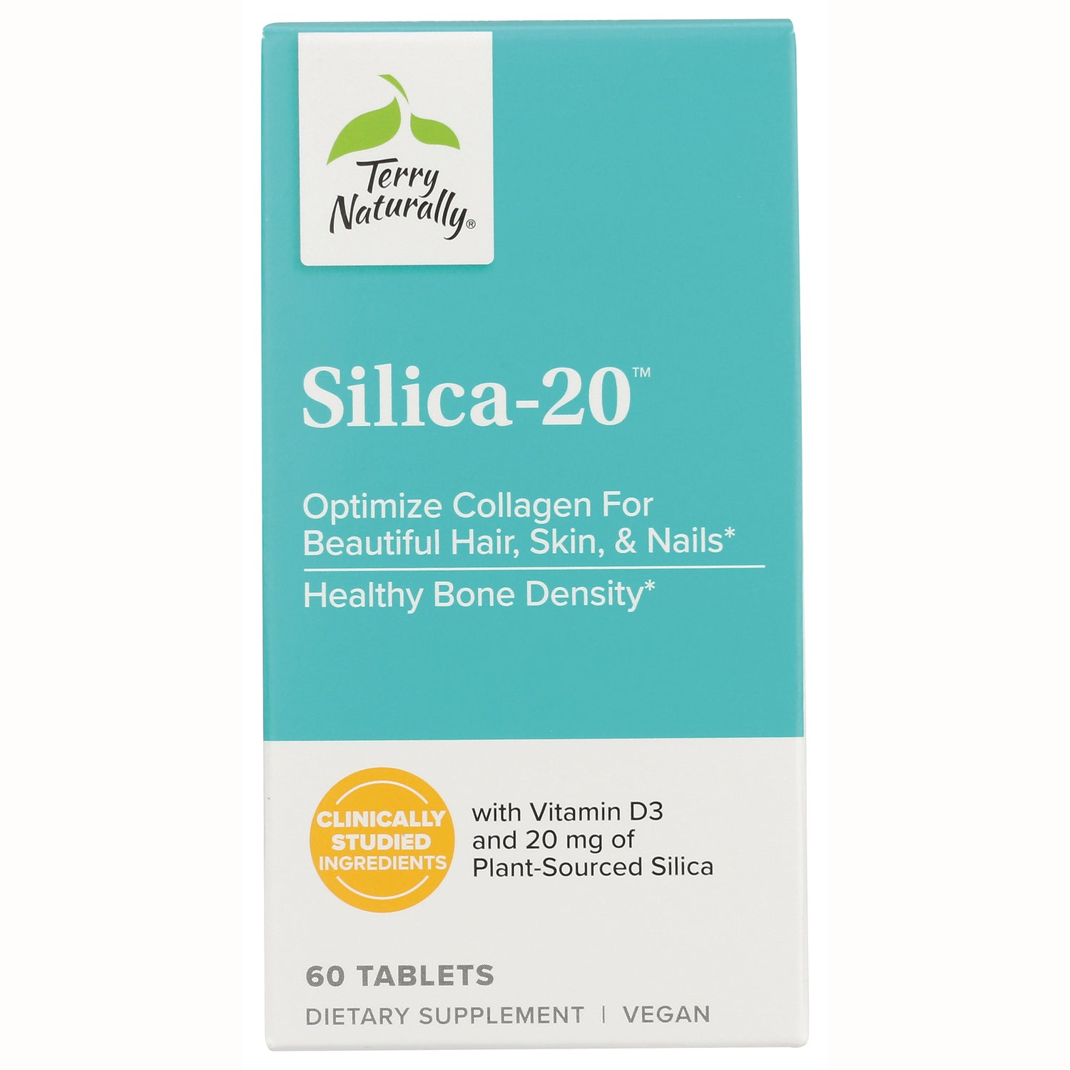 EUR019 | Terry Naturally Silica-20 dietary supplement box, turquoise and white packaging, 60 tablets vegan