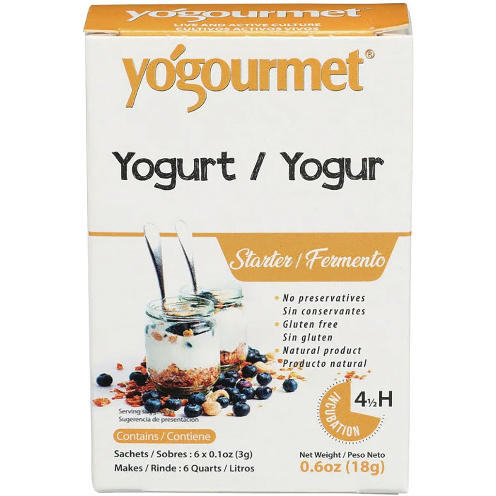 YOG005 | Yogourmet Yogurt Starter box front, 6 sachets makes 6 quarts, 0.6 oz - Thumbnail