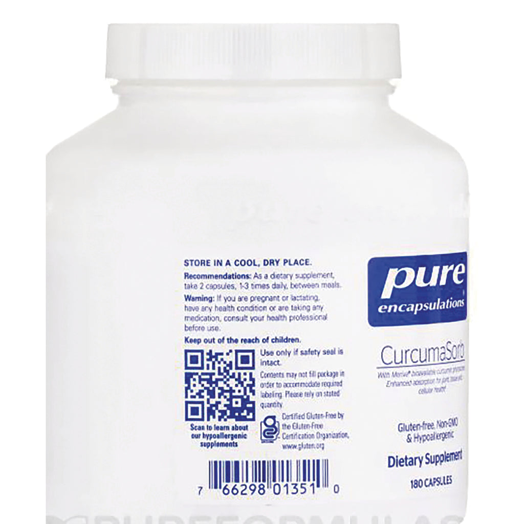 PRN170 | back label of Pure Encapsulations CurcumaSorb supplement bottle showing storage instructions, QR code, and barcode - Thumbnail