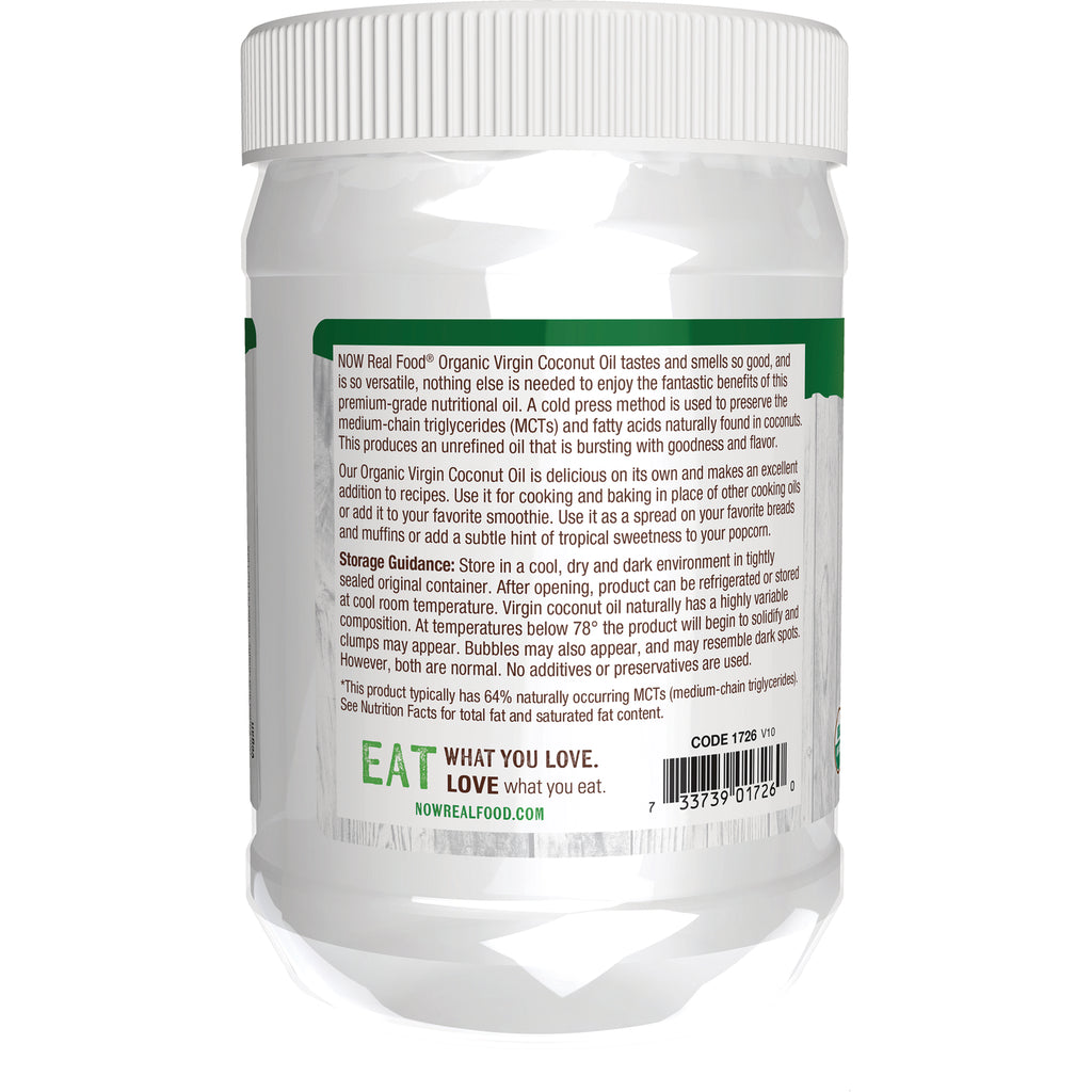 NWF077 | Back label of coconut oil jar showing storage guidance, barcode, and slogan EAT WHAT YOU LOVE - Thumbnail