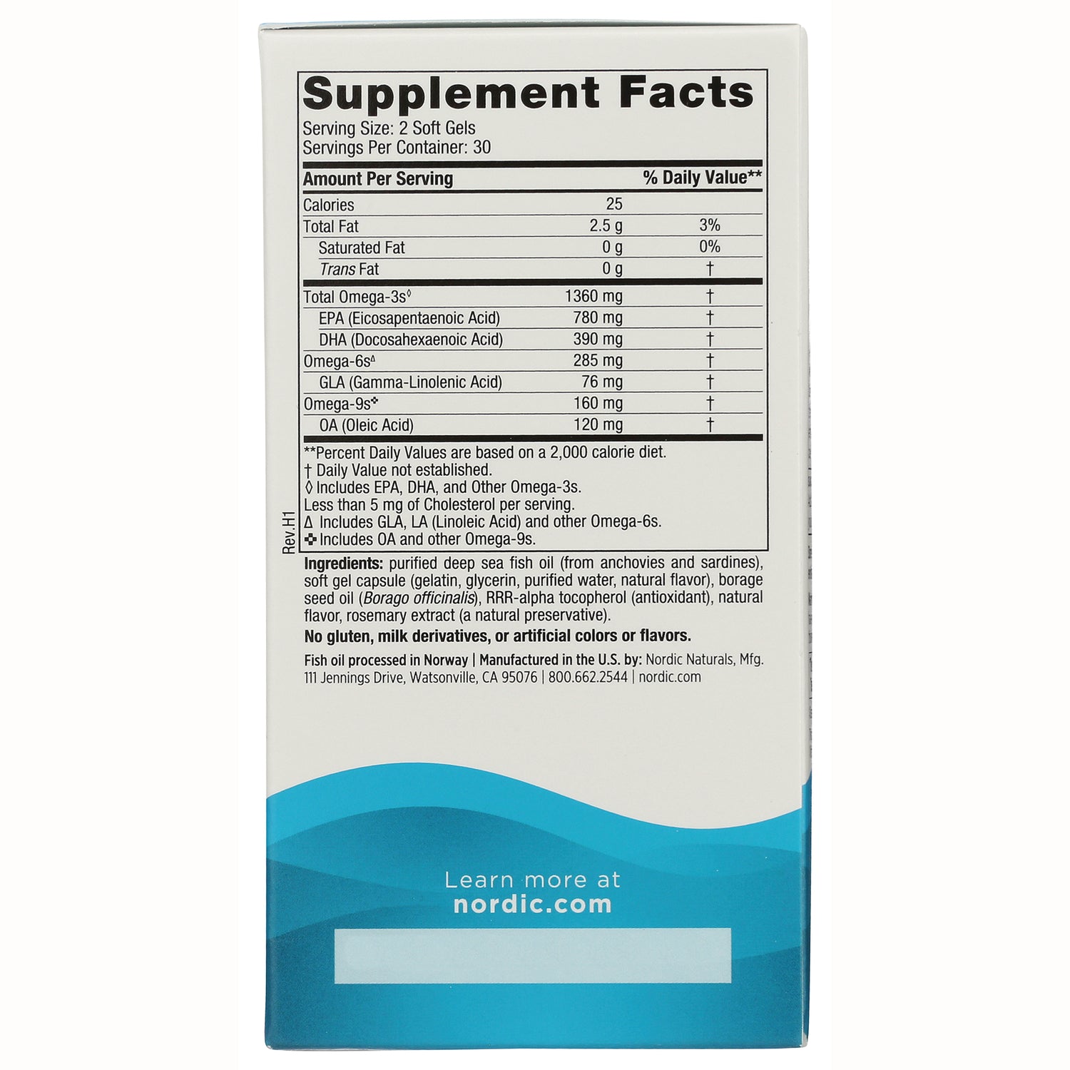 NRN066 | Back of supplement box showing Supplement Facts panel, ingredient list, and nordic.com link
