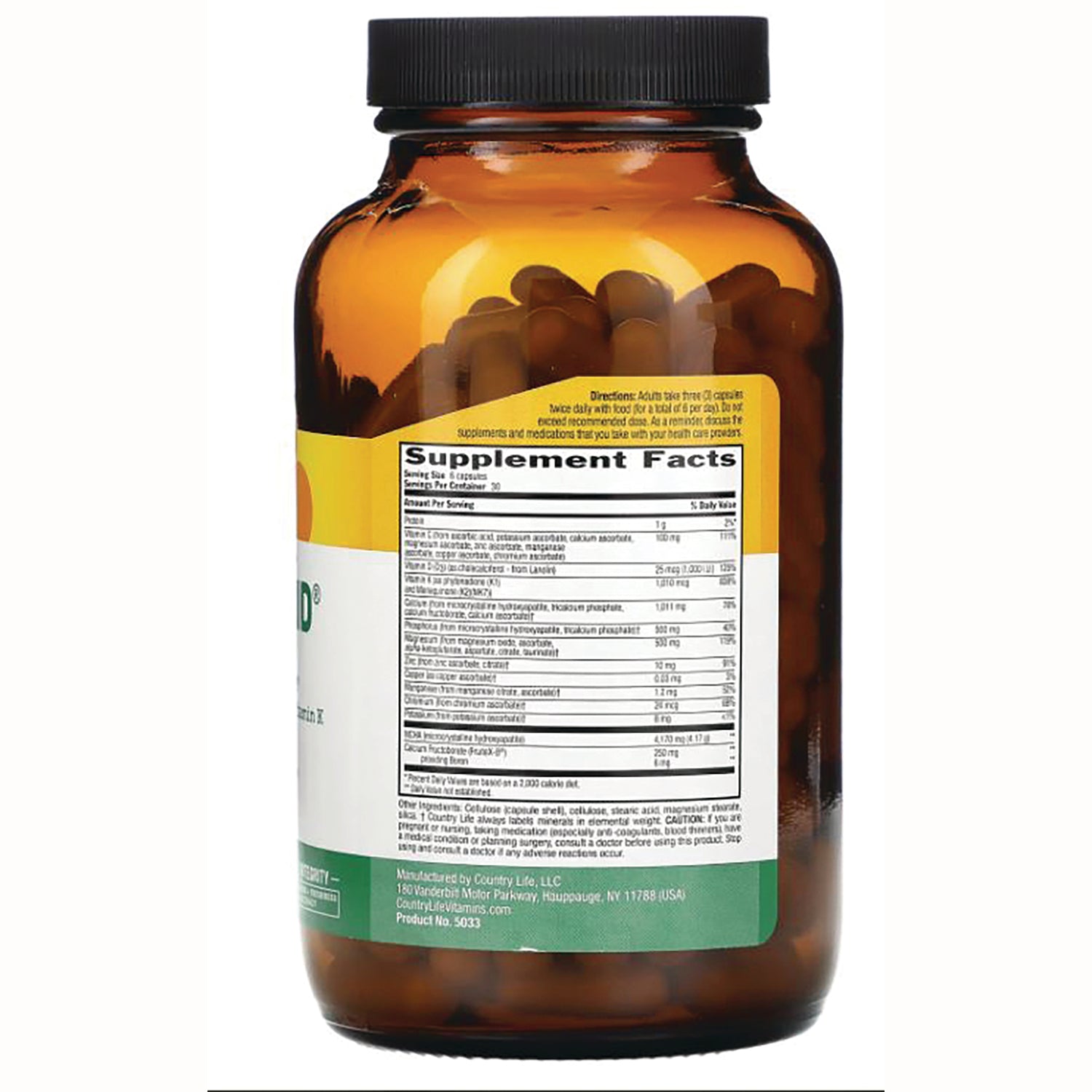 CRL402 | Back of amber supplement bottle showing Supplement Facts label and capsules visible through glass