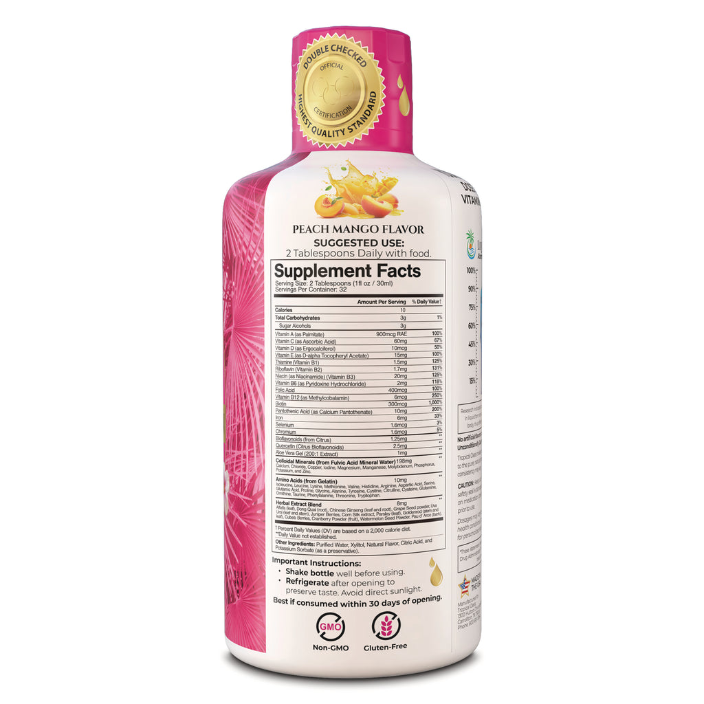 TPL028 | Back of peach mango flavor liquid supplement bottle with Supplement Facts panel - Thumbnail