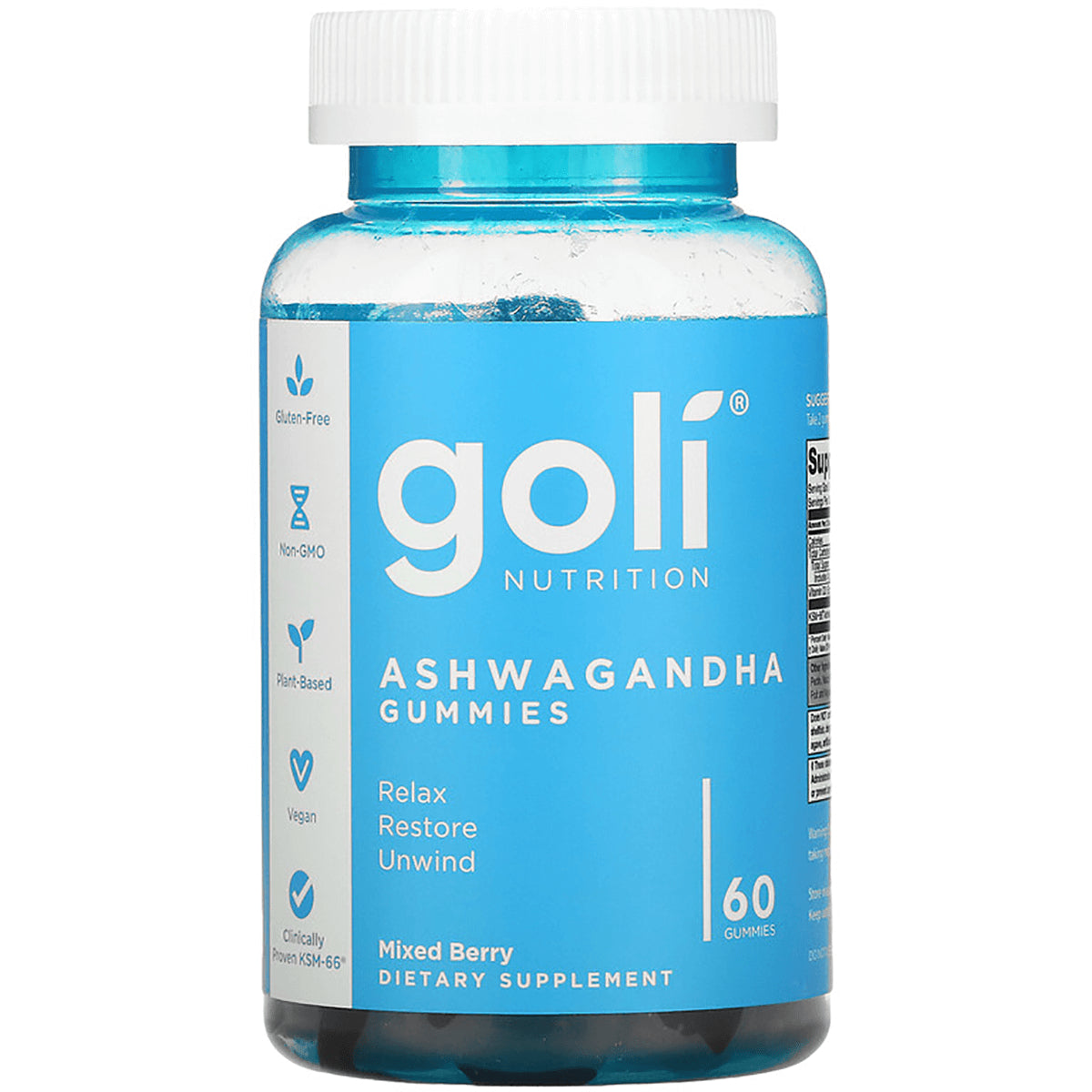 GOL003 | Goli Ashwagandha Gummies bottle, mixed berry flavor, 60 gummies, front label showing Relax Restore Unwind