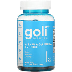 GOL003 | Goli Ashwagandha Gummies bottle, mixed berry flavor, 60 gummies, front label showing Relax Restore Unwind