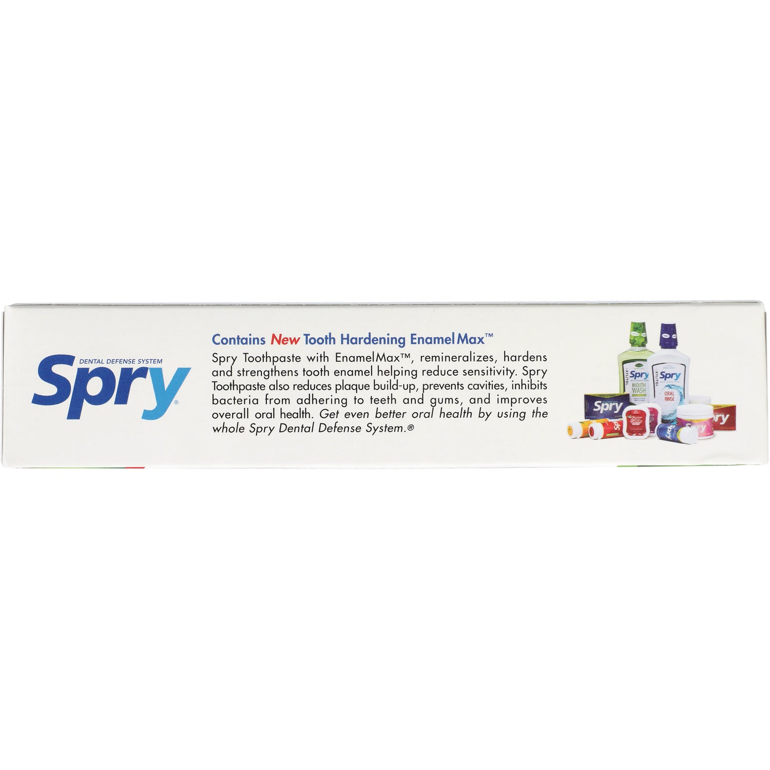 XL027 | Back panel of Spry toothpaste box with EnamelMax info and product lineup image