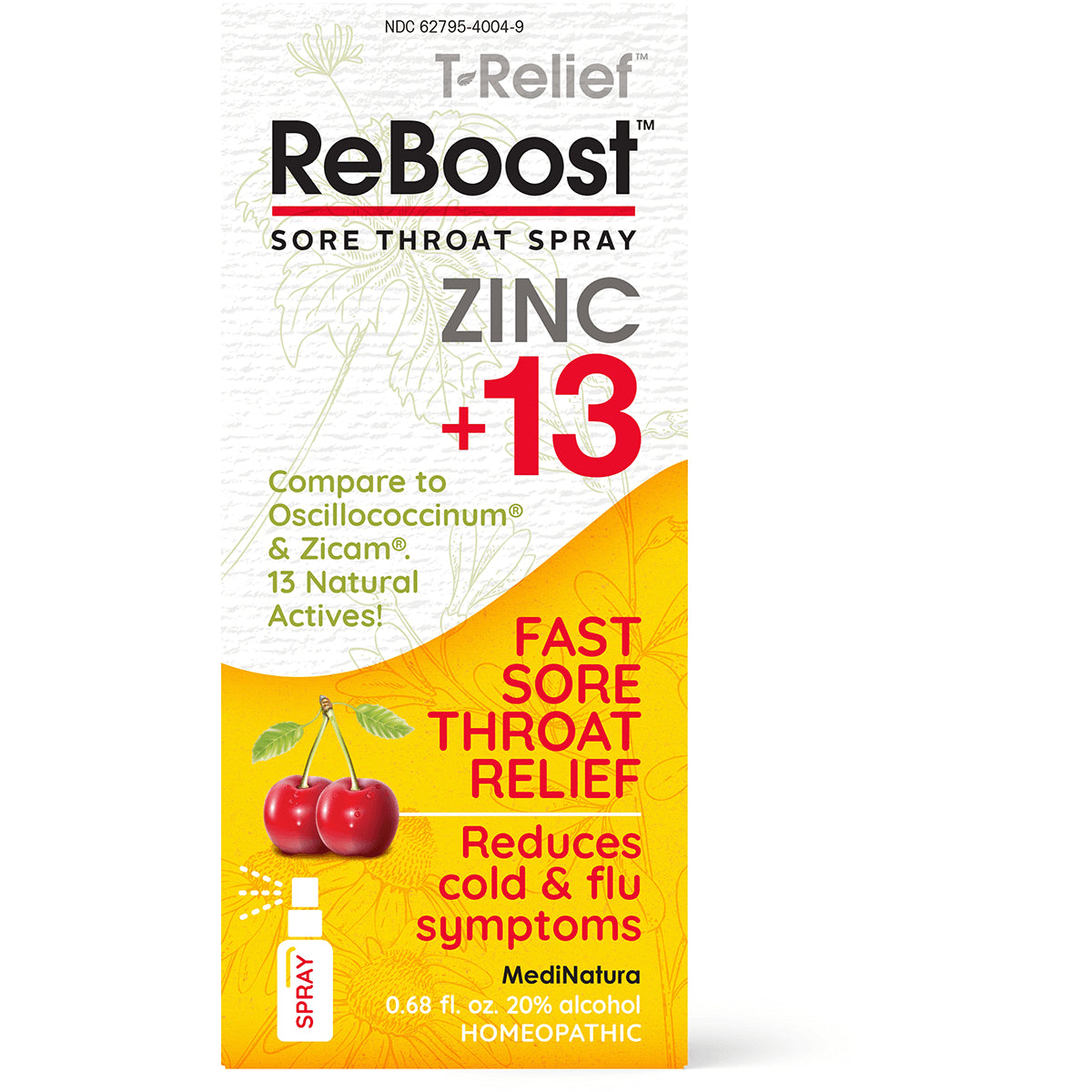 MNA043 | ReBoost sore throat spray packaging with ZINC +13, cherries and text Fast sore throat relief reduces cold & flu symptoms
