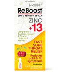 MNA043 | ReBoost sore throat spray packaging with ZINC +13, cherries and text Fast sore throat relief reduces cold & flu symptoms