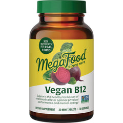 MGF022 | MegaFood Vegan B12 amber bottle front with green cap and beet and broccoli label