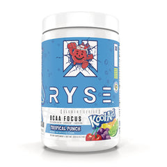 RYS003 | Blue RYSE BCAA Focus Tropical Punch supplement tub with Kool-Aid logo and fruit graphics