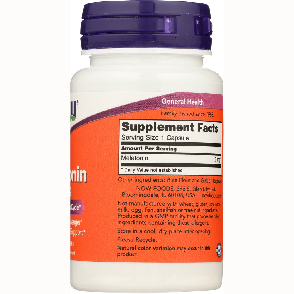 NWF069 | Back label showing Supplement Facts panel: Serving Size 1 Capsule, Melatonin 3 mg, ingredients and storage info on orange label - Thumbnail