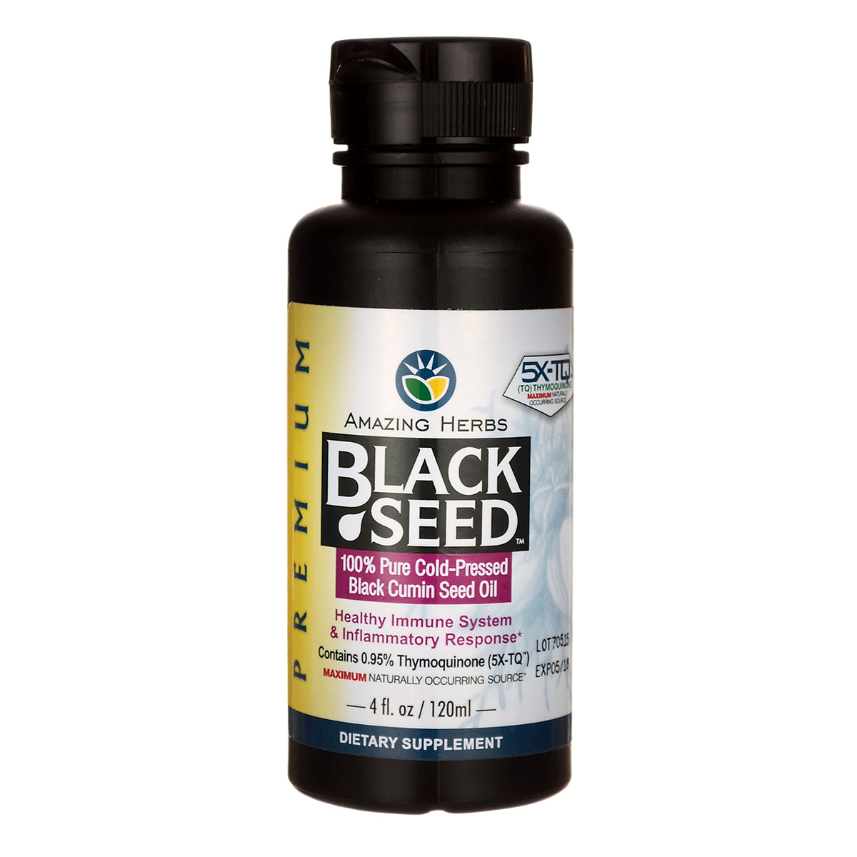 AZH004 | Black bottle of Amazing Herbs Black Seed 100% Pure Cold-Pressed Black Cumin Seed Oil, 4 fl oz dietary supplement