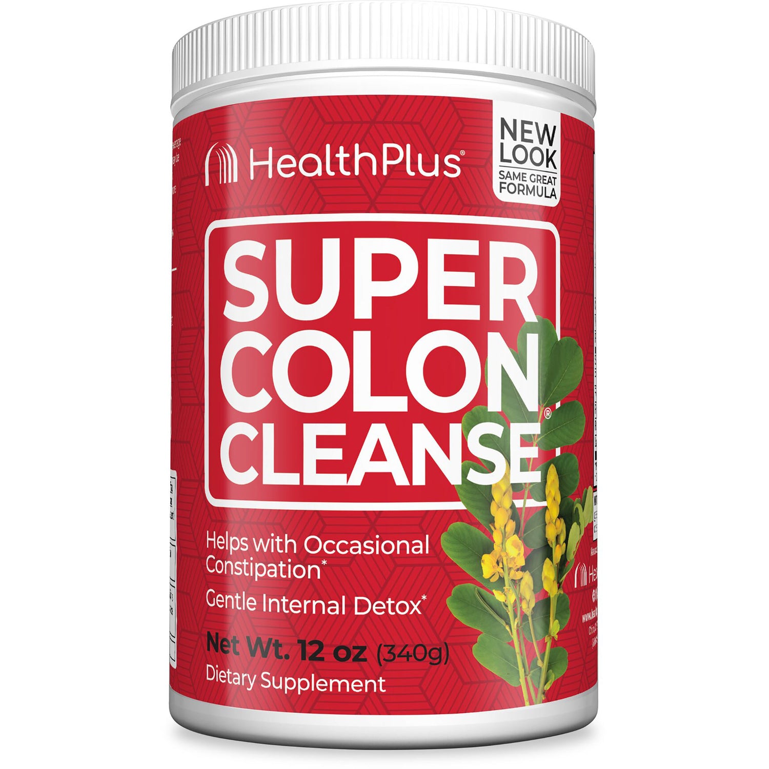 HP012 | HealthPlus Super Colon Cleanse red 12 oz supplement container front label with yellow flowers