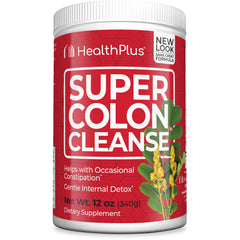 HP012 | HealthPlus Super Colon Cleanse red 12 oz supplement container front label with yellow flowers