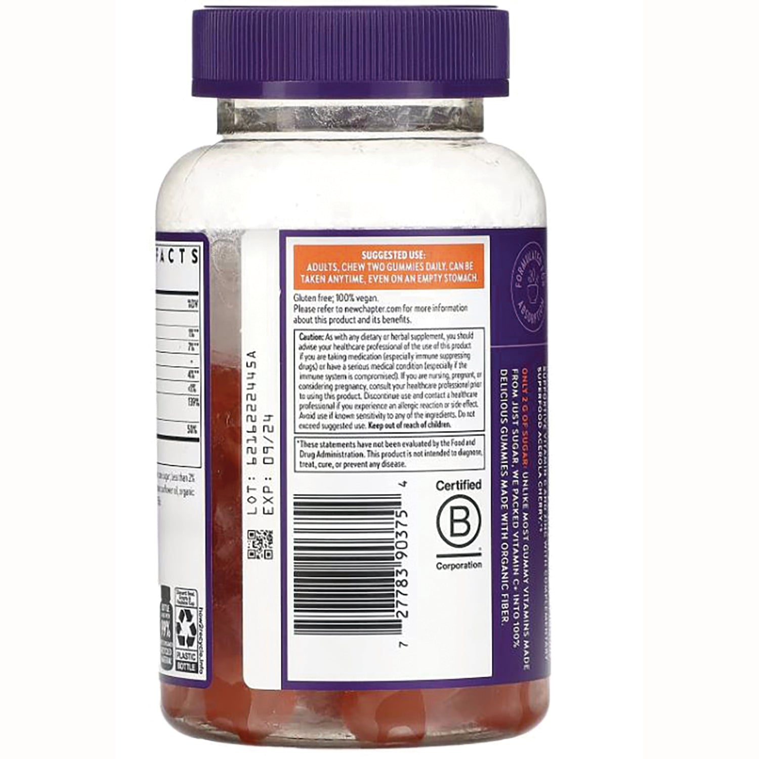 NWC377 | Back label of gummy supplement bottle showing barcode, nutrition facts, suggested use and lot/exp information