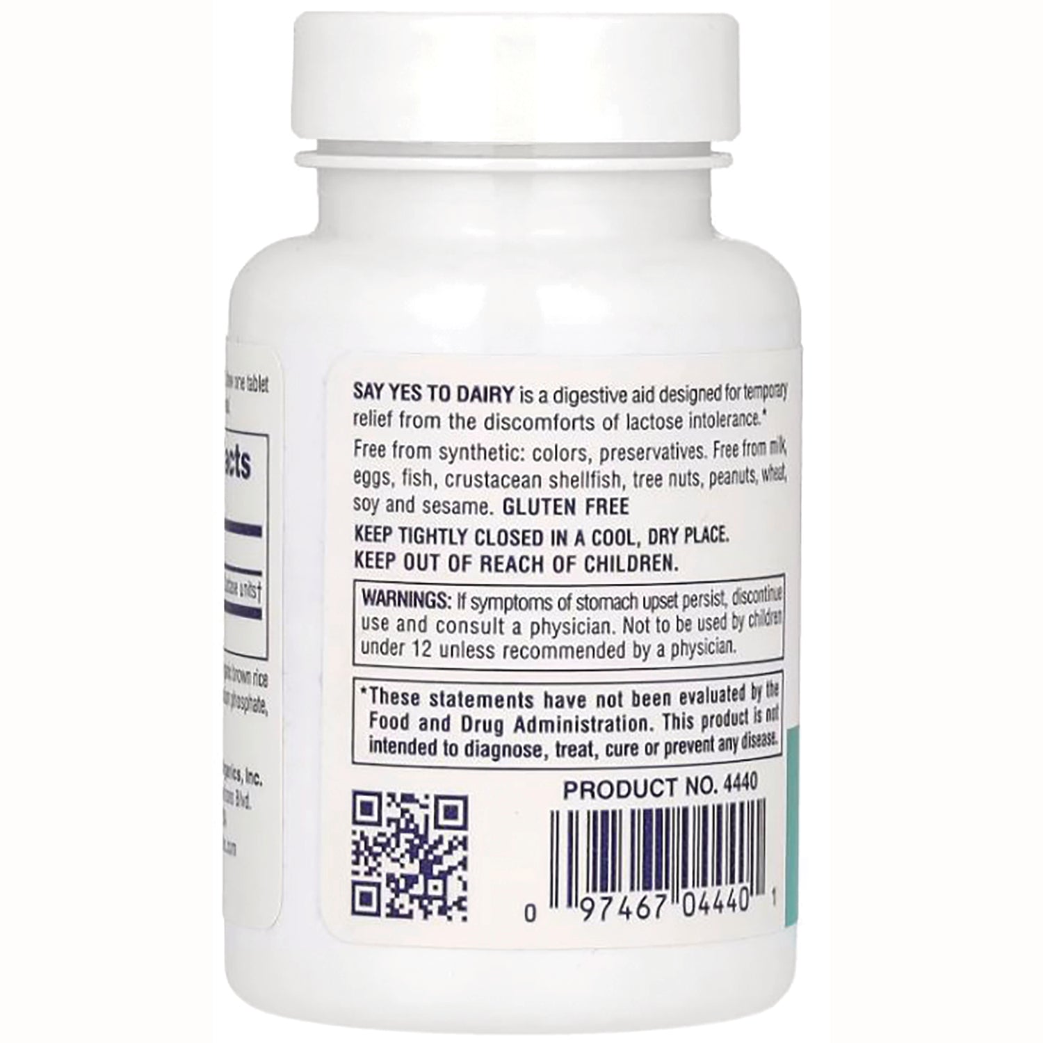 NTP112 | Back of white supplement bottle showing warnings, gluten free statement, QR code and barcode
